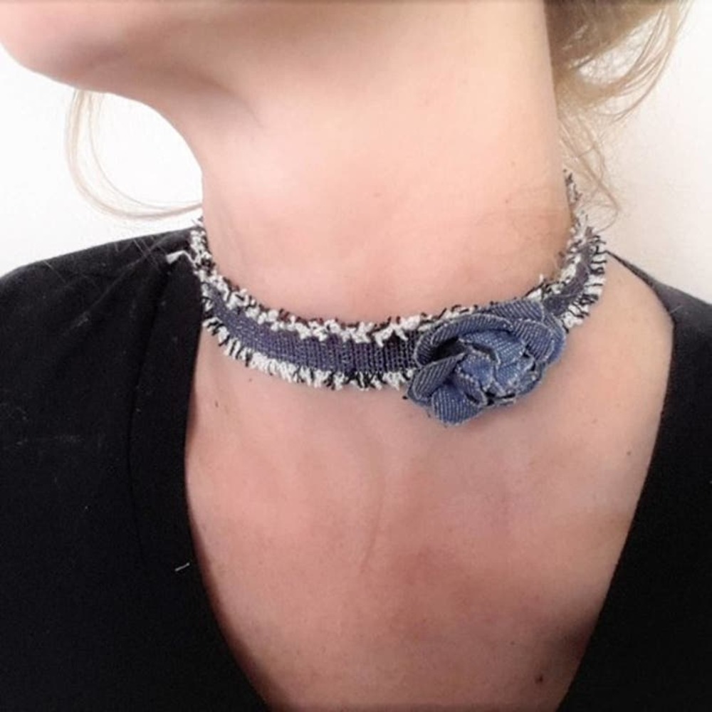 Rose Denim Choker Necklace Romantic Feminine Floral Bohemian Elegant French Luxe
